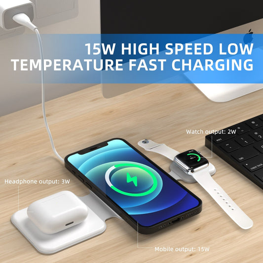 🔋✨ Fold & Go: 3-in-1 Magnetic Wireless Charger - Multi-Device Hub 📱⌚🎧